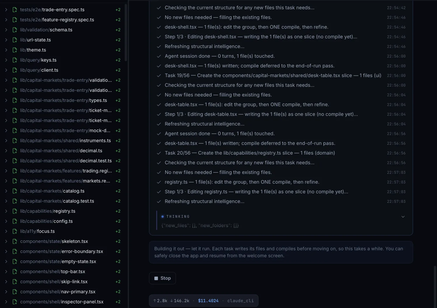 Each task edits its files, refreshes the index, and commits before the next one starts. The activity list on the left fills in as the files are written.
