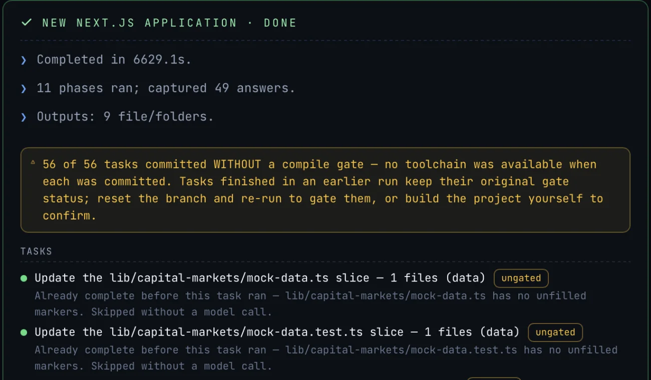 The summary at the end. It finished, it lists the phases and answers, and it says in a box of its own that nothing was compiled.