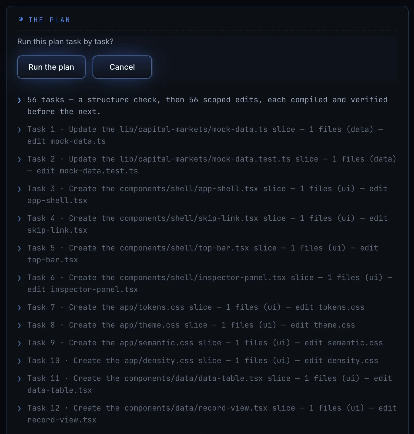 The build resolved into an ordered list of scoped file edits, shown in full before a single file is written.