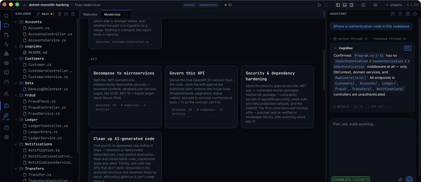 The Modernize screen, grouped by runtime. Each card carries a detected: chip naming the facts that qualified this repository for it.