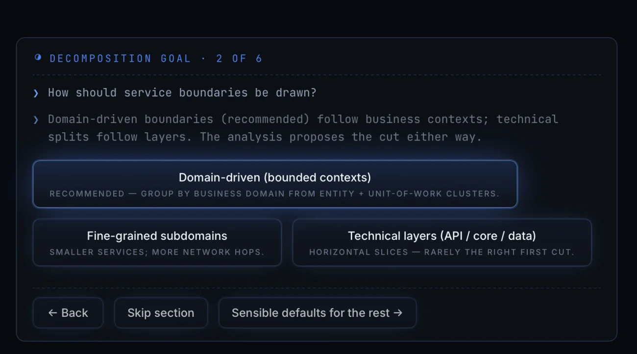 Domain-driven, finer-grained subdomains, or technical layers, with the consequence of each and a recommendation computed from the code.