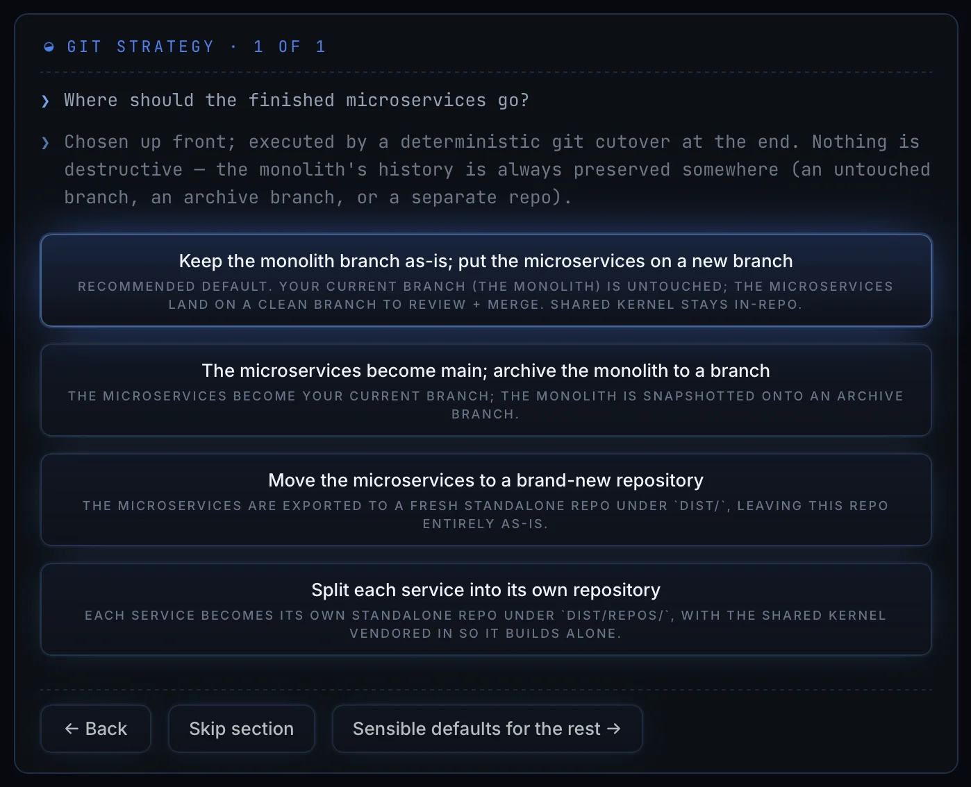 Four destinations for the generated services. In all of them the monolith history stays reachable.