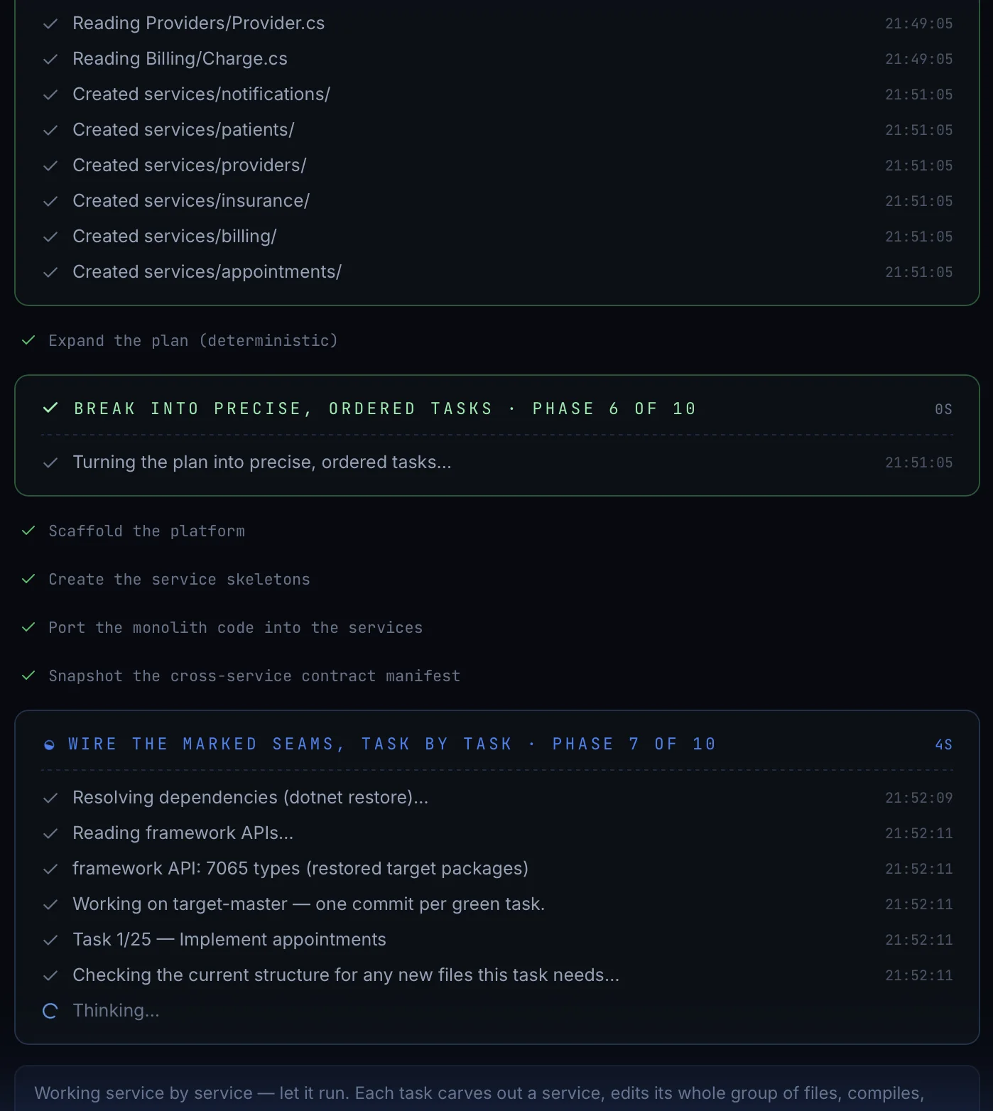 The run in progress, numbered by phase. One commit per task, and the structural index is refreshed as it goes.