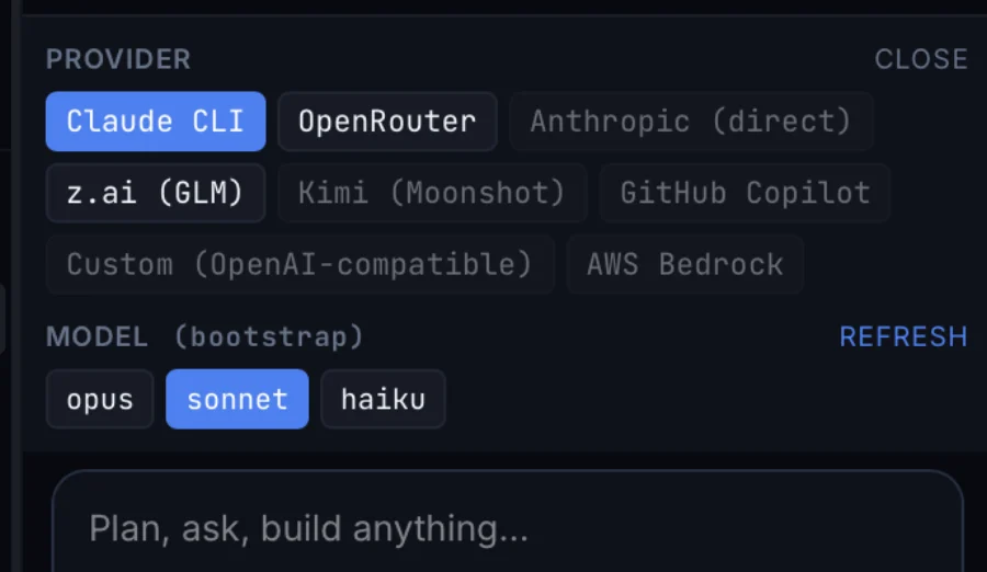 The provider list in the assistant panel. The model that will run is named on the chip below the prompt, and you can change it for the next message.
