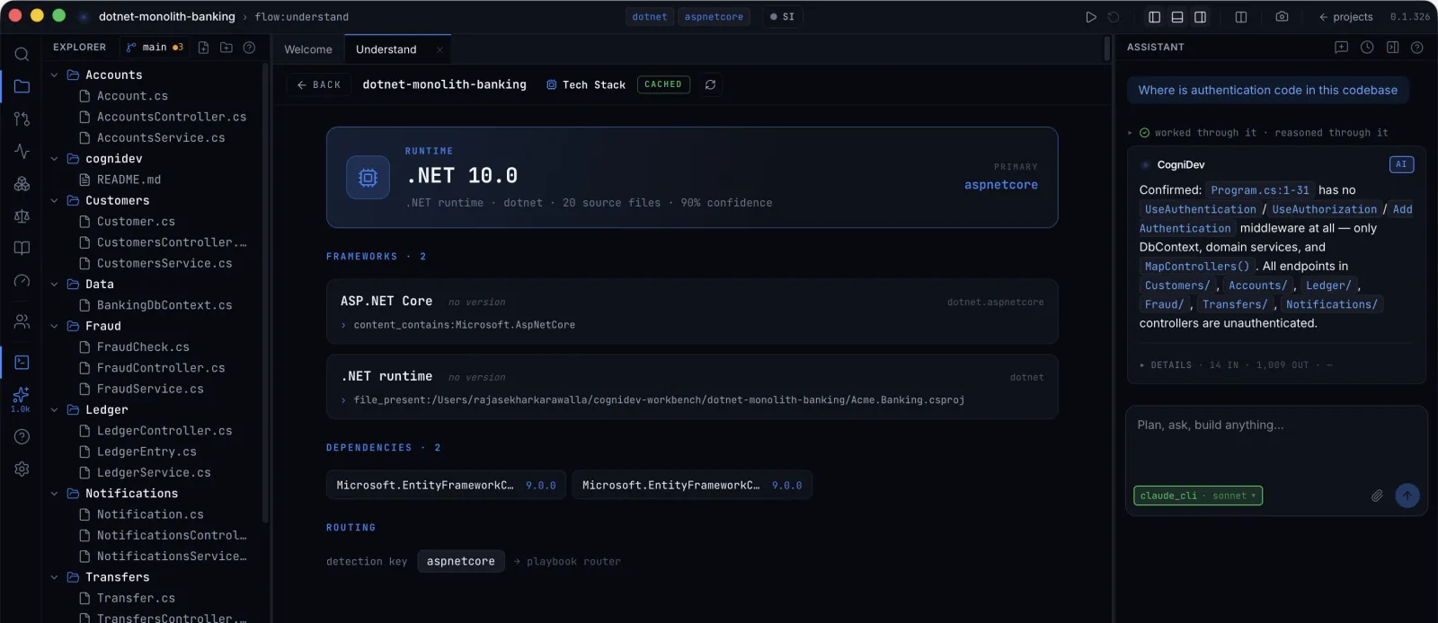 The Tech Stack view. The runtime is stated with how many files it was read from and a confidence figure. Each framework below opens to show the evidence.