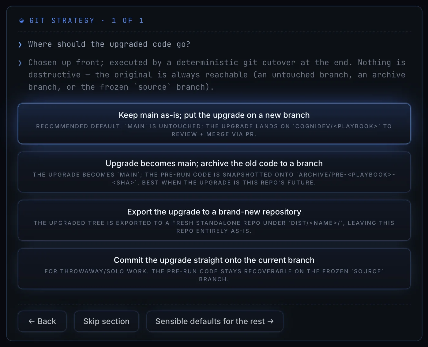 Four places the upgraded code can go. Each one says what happens to your original code.