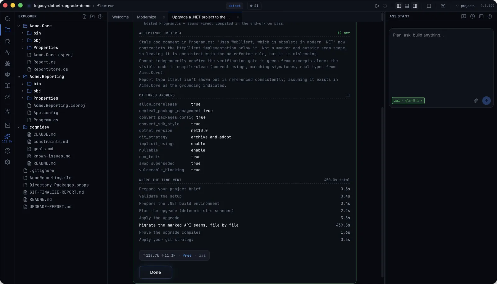 The run report: its own checks, your answers listed back, where the time went by step, and what the run cost.