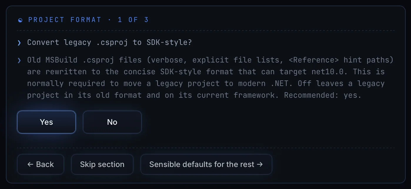 Whether old project files get rewritten to the modern SDK-style format.