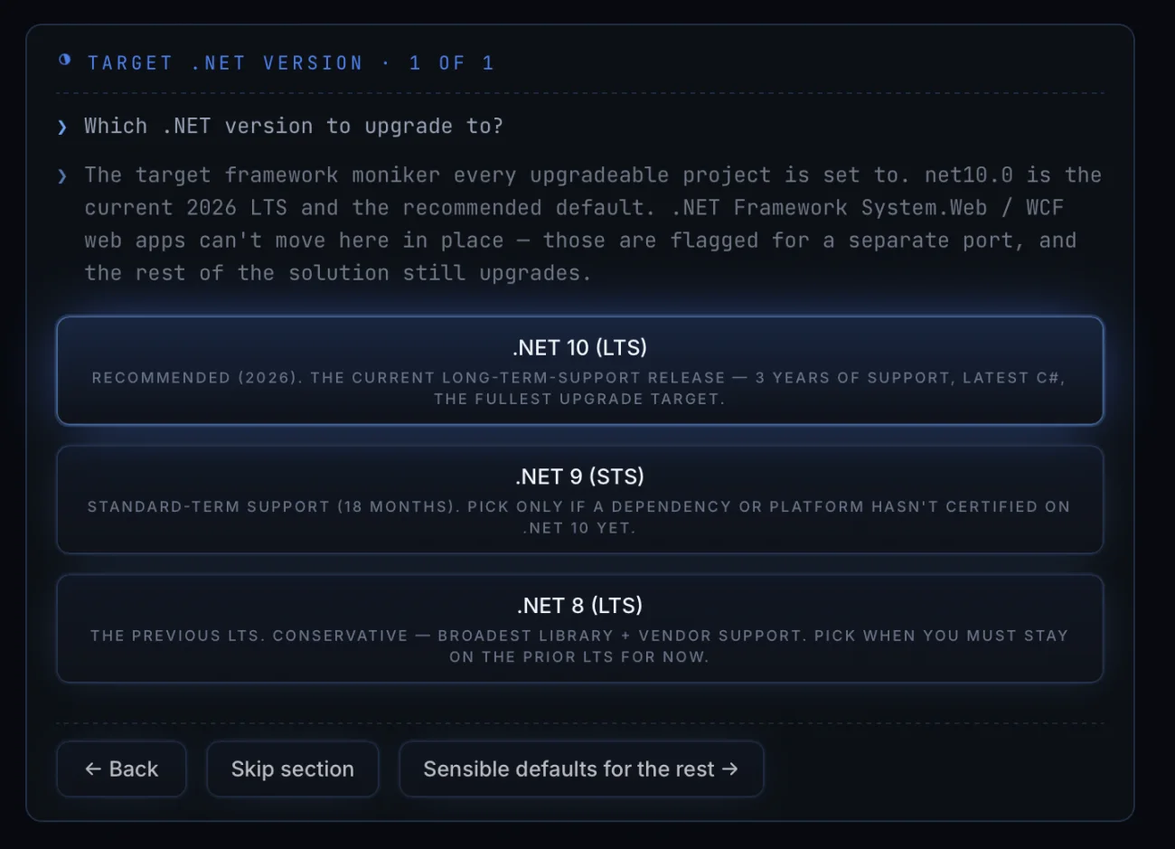 The target framework, with the reason you would pick each one.