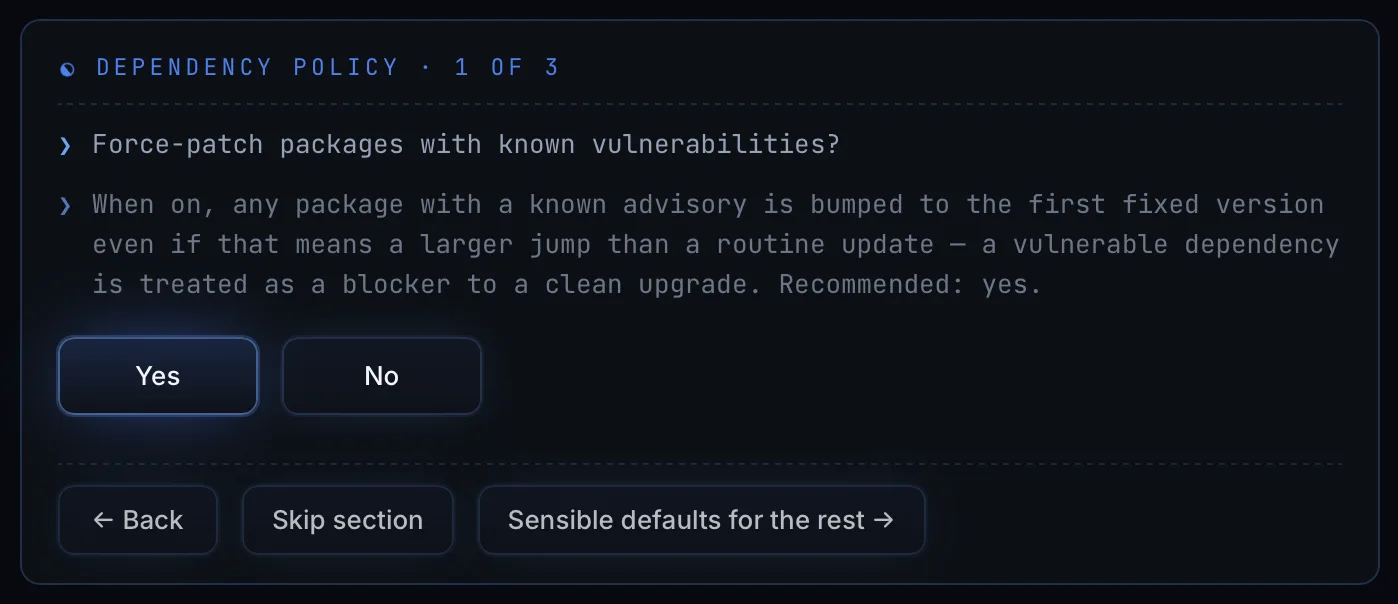 Whether a package with a known advisory gets forced to its first fixed version.