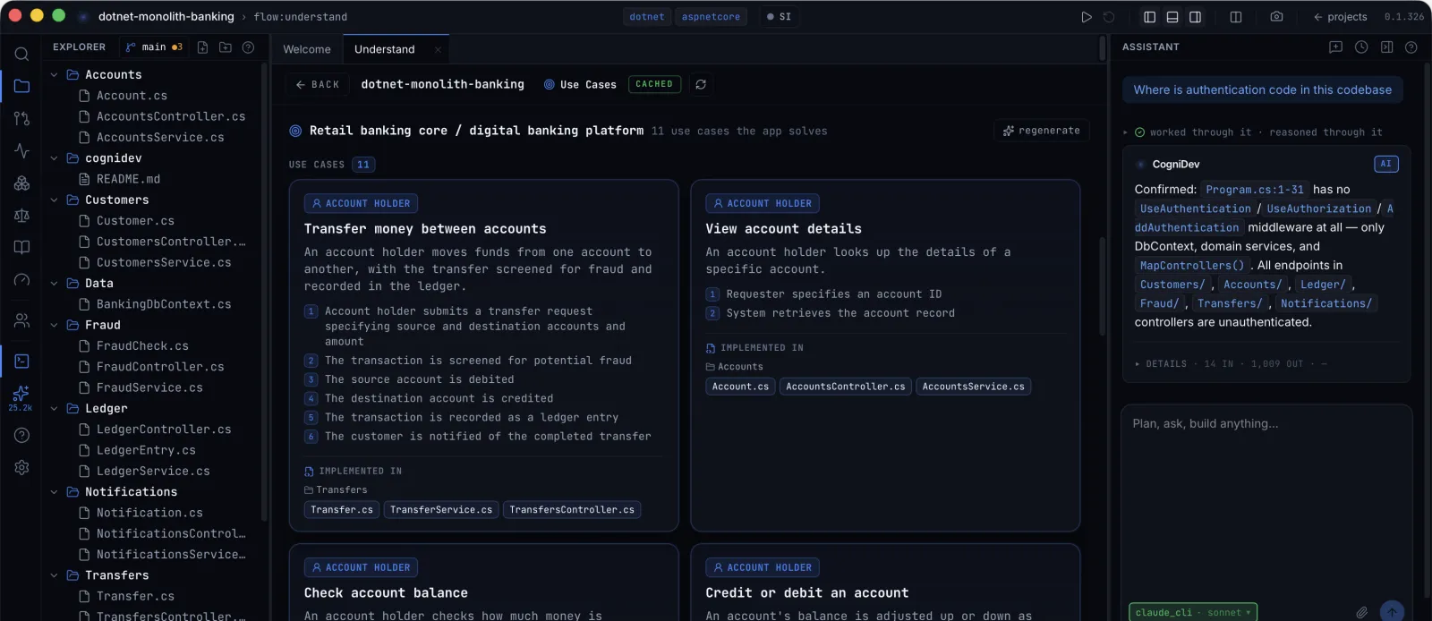 The Use Cases view. Each one is broken into the steps it performs, and each step names the files that implement it.